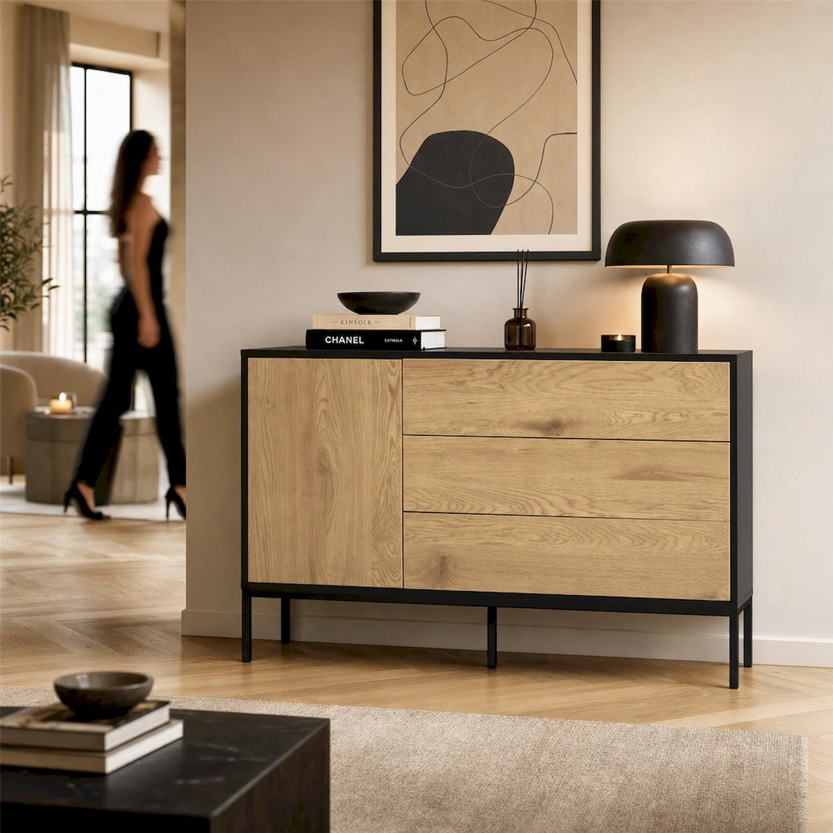 Commode 1 porte 3 tiroirs collection KRAPINA effet chêne et noir, RECOLLECTION
