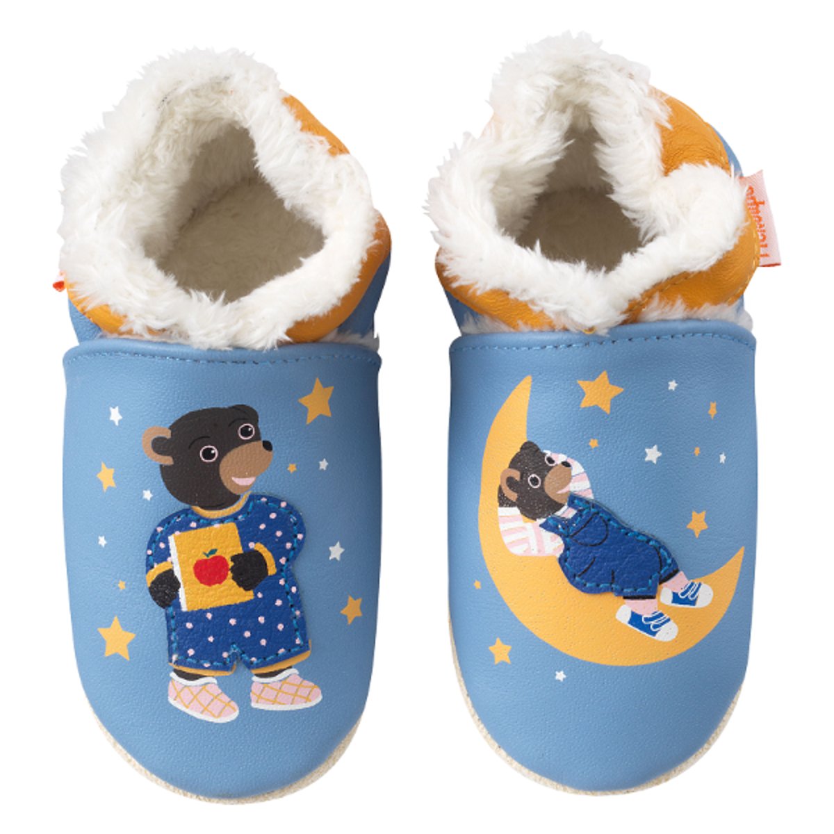 Chaussons cuir souple Petit Ours Brun bleu, TICHOUPS