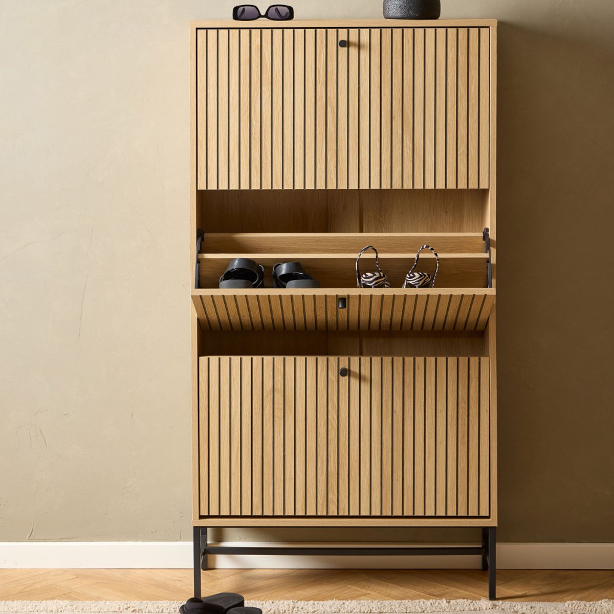 Meuble à chaussures 3 portes en bois et métal L71,6cm- STORO bois clair, DRAWER