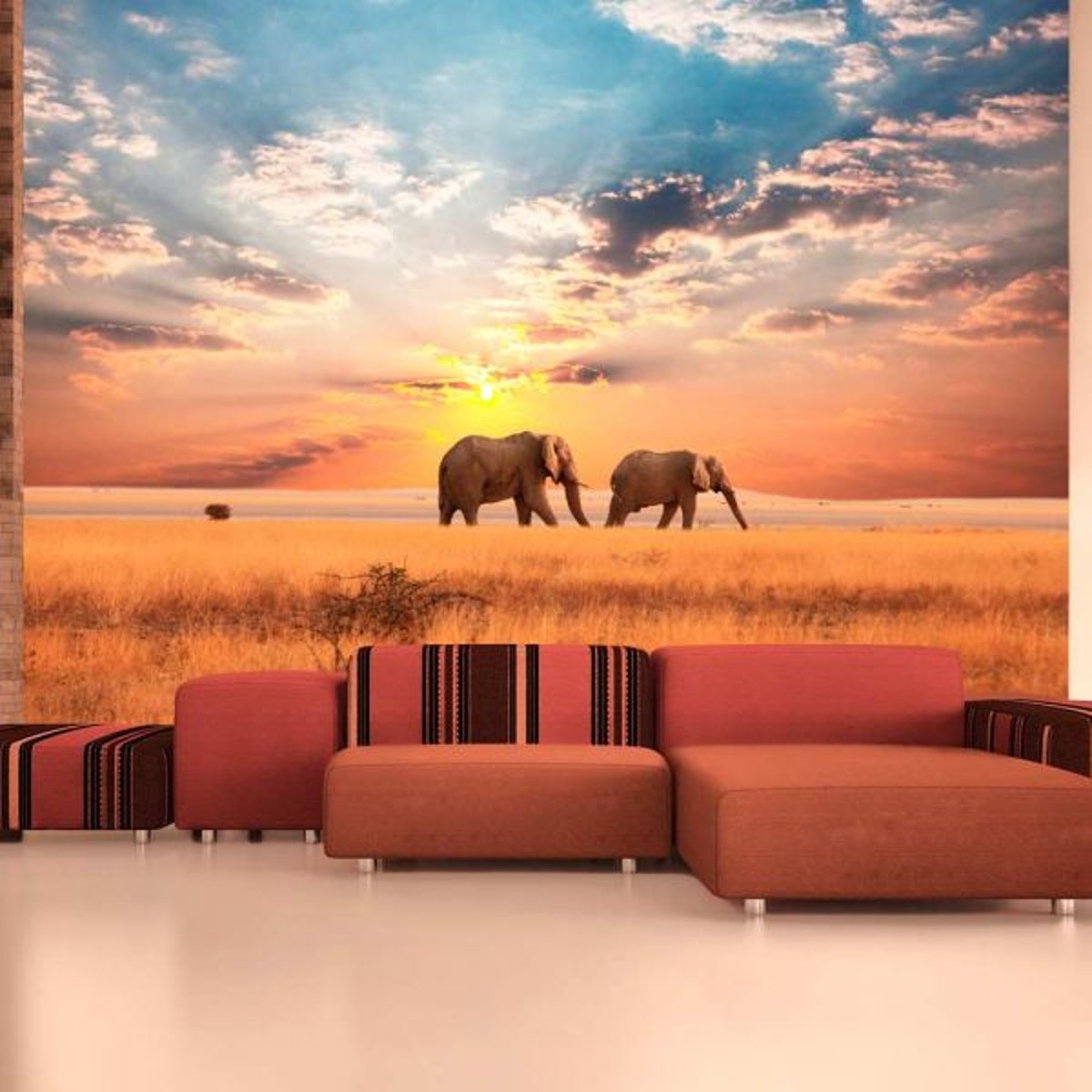 Papier peint intissé panoramique Paysage Éléphants de savane d'Afrique gris / argent, EDEN