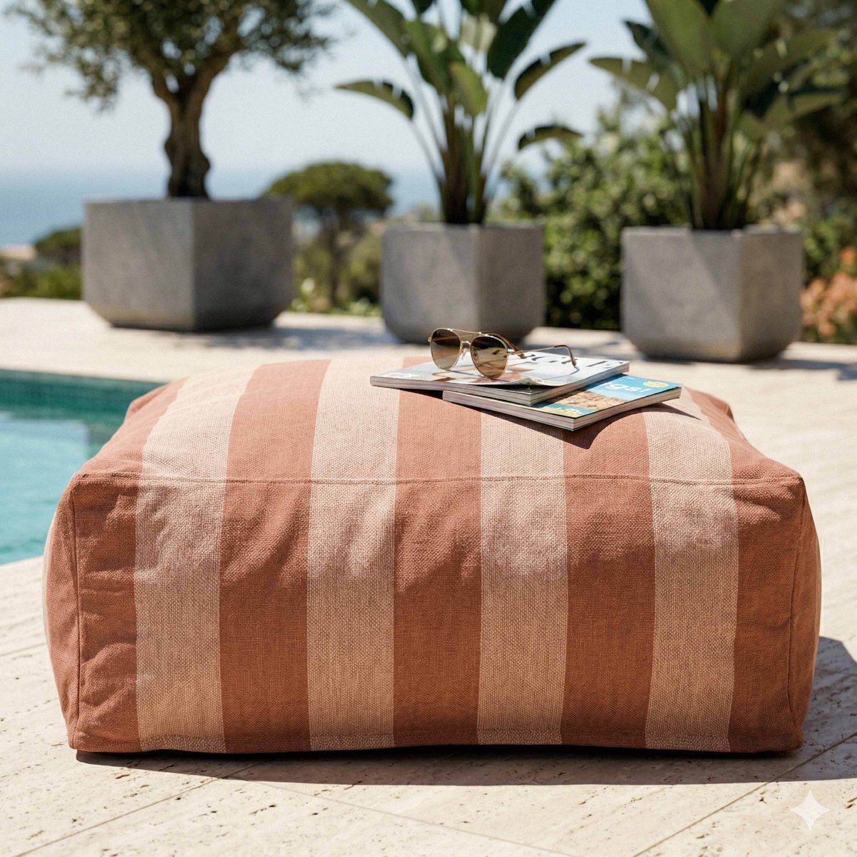 Pouf rayé pour salon de jardin modulable, MIXI terracotta, OVIALA
