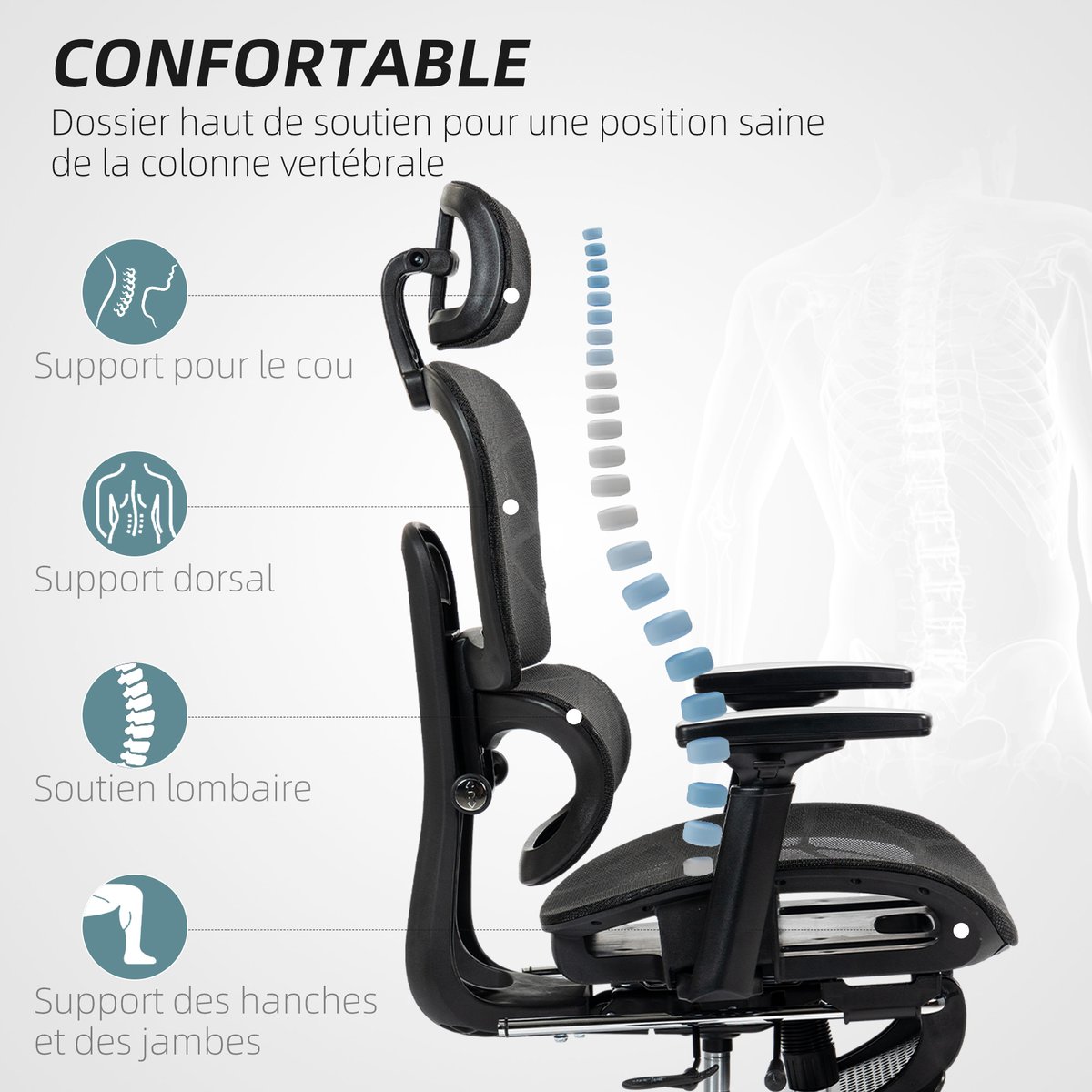 Chaise de bureau Maille (100 % polyester) noir, HOMCOM