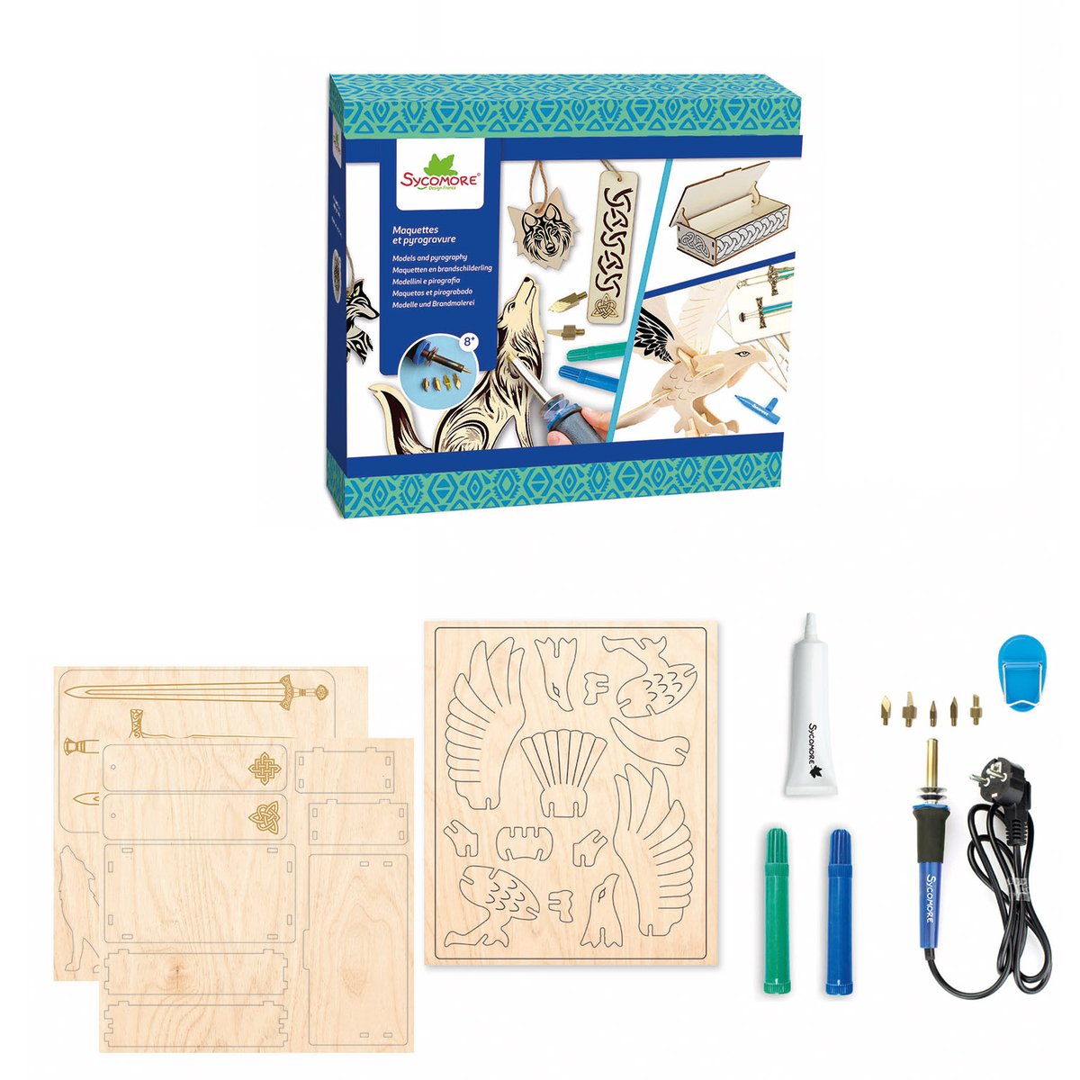 Maquettes et pyrogravure Celtique bleu, SYCOMORE
