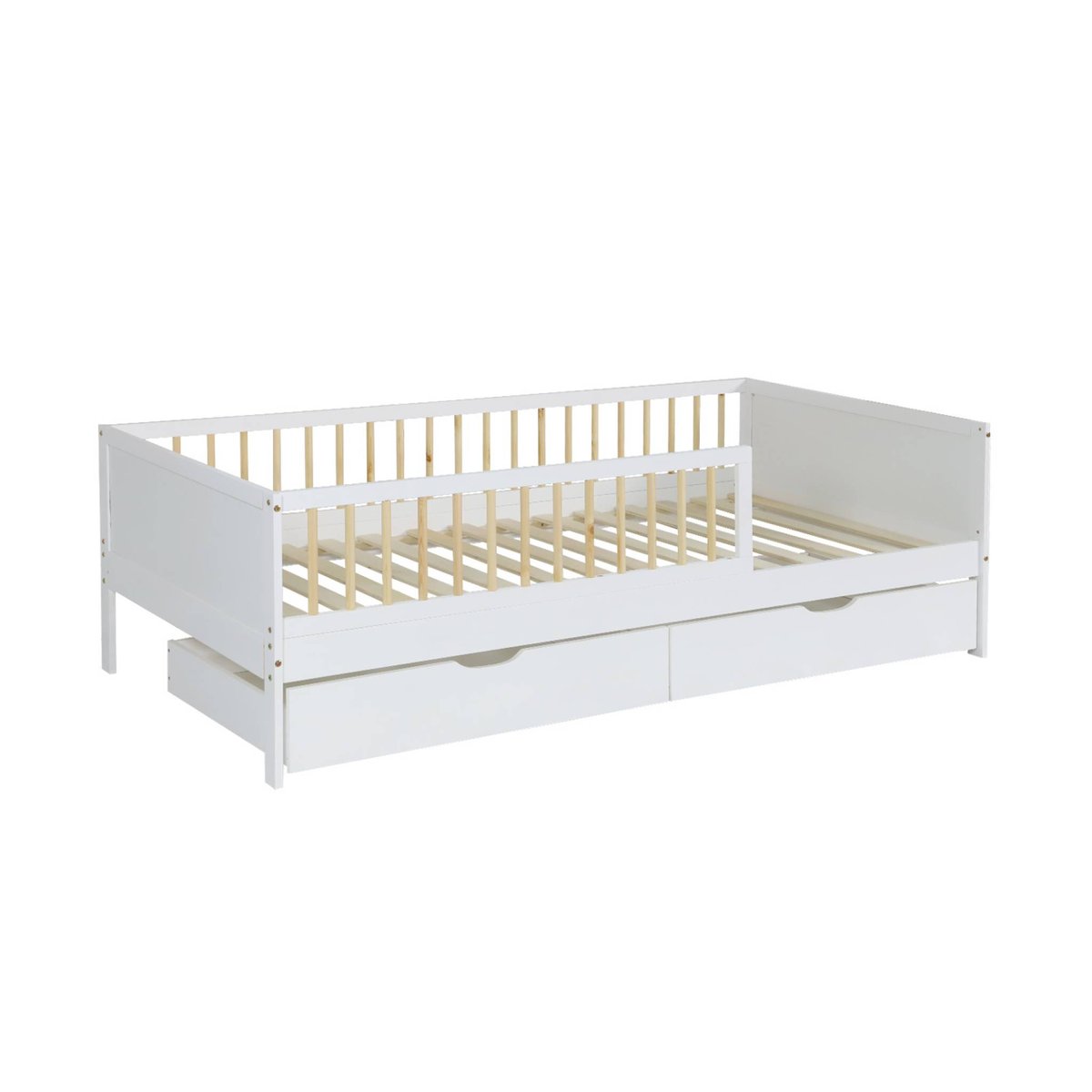 Lit enfant 90 x 190 cm pin naturel avec sommier à lattes et tiroirs ELIO blanc, SWEEEK