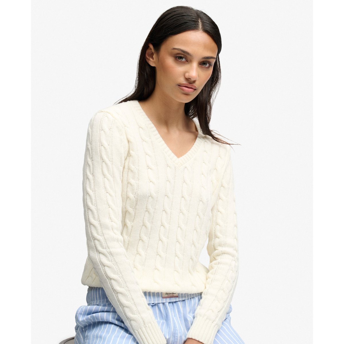 Pull Col V en Maille Torsadée Mélange de Laine crème, SUPERDRY