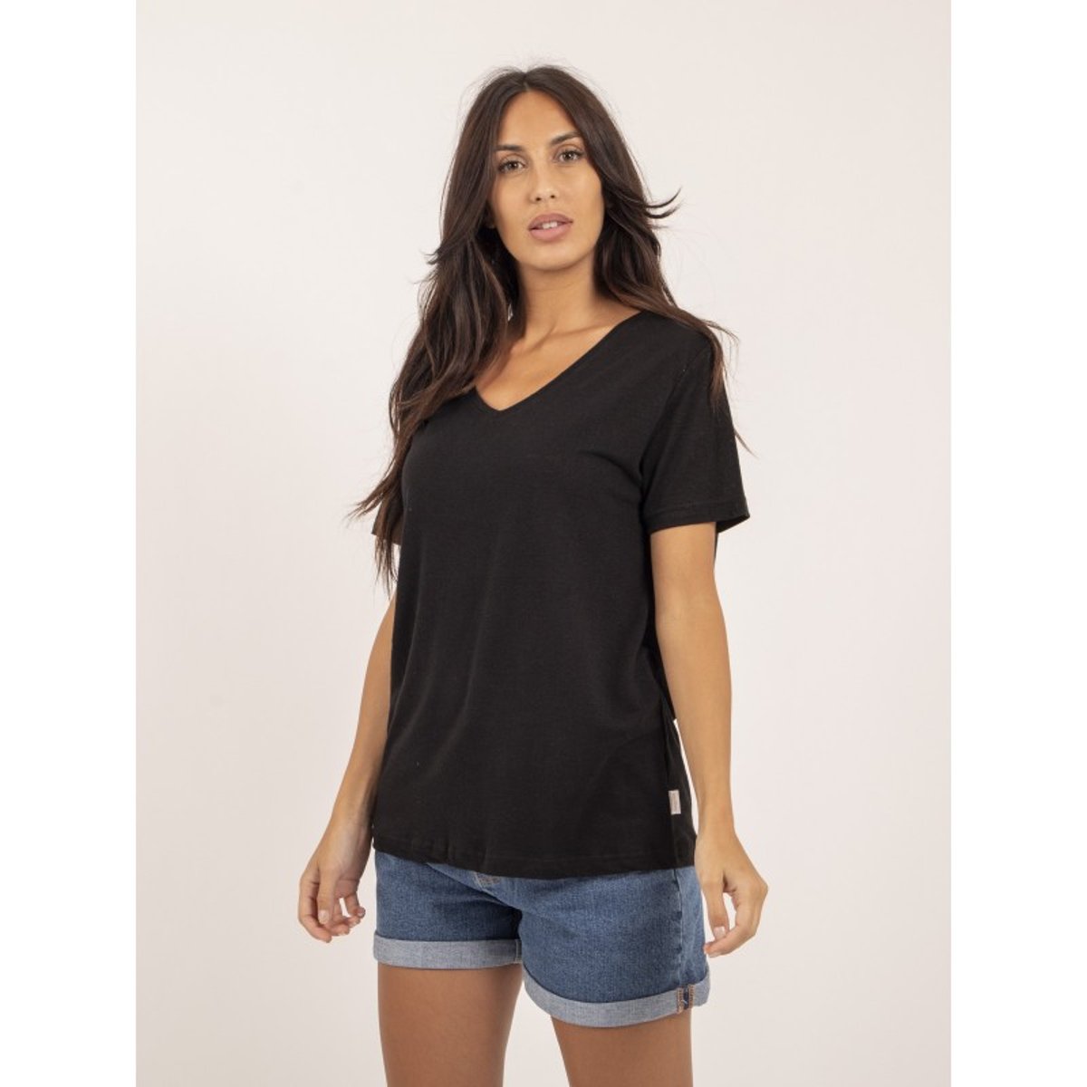 T-shirt Col V Lin Faimes noir, DONA LISA