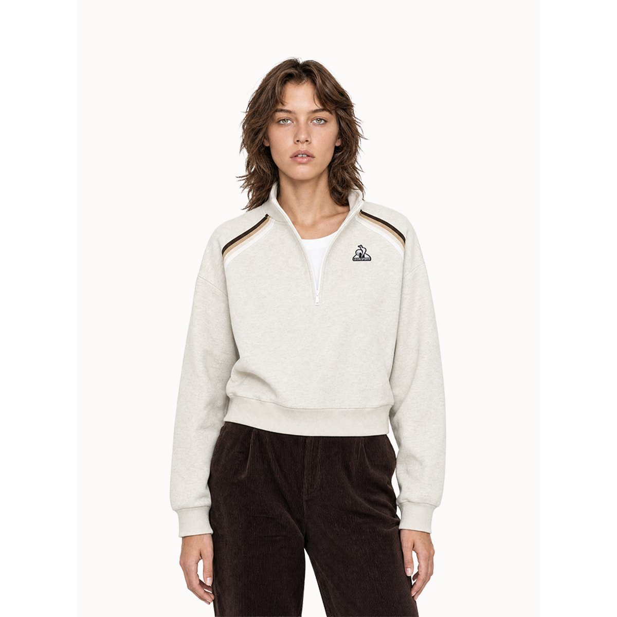 Sweat demi-zippé oversize en double face avec bandes rayées Heritage beige, LE COQ SPORTIF