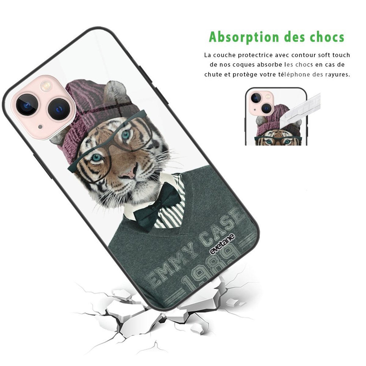 Coque soft touch glossy iPhone 13 tigre fashion, EVETANE