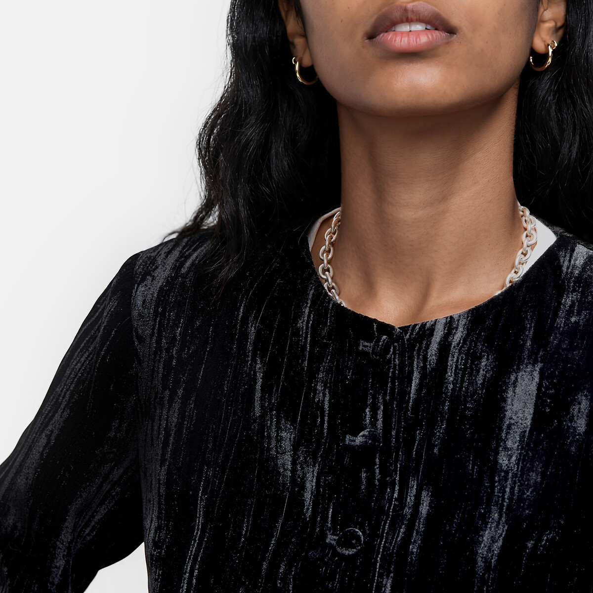Casaco curto, de gola redonda, em veludo martelado preto , LA REDOUTE COLLECTIONS