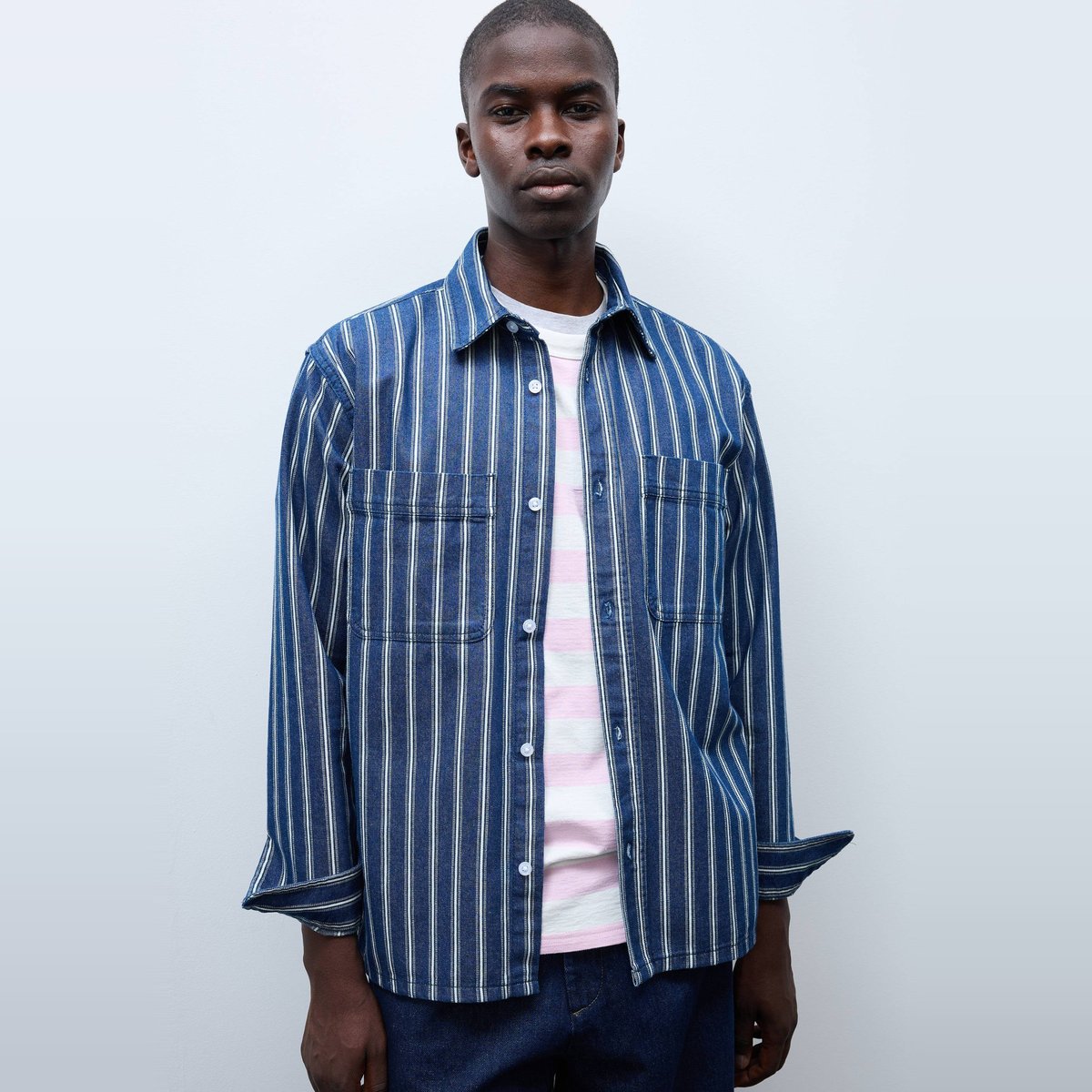 Chemise manches longues rayée en jean en coton BIO GOTS brut, MONOPRIX