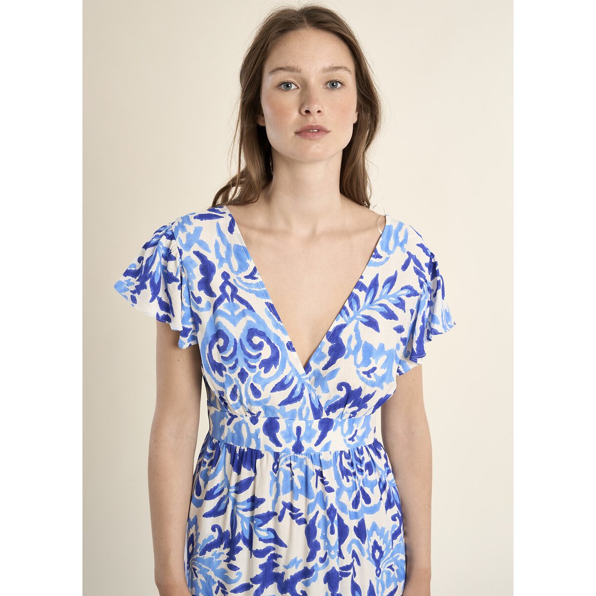 Robe longue imprimée manches courtes imprimé bleu, MOLLY BRACKEN