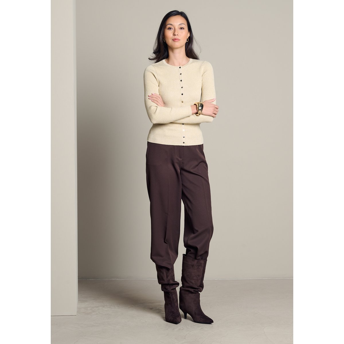 Cardigan côtelé scintillant champagne sand, LOLALIZA
