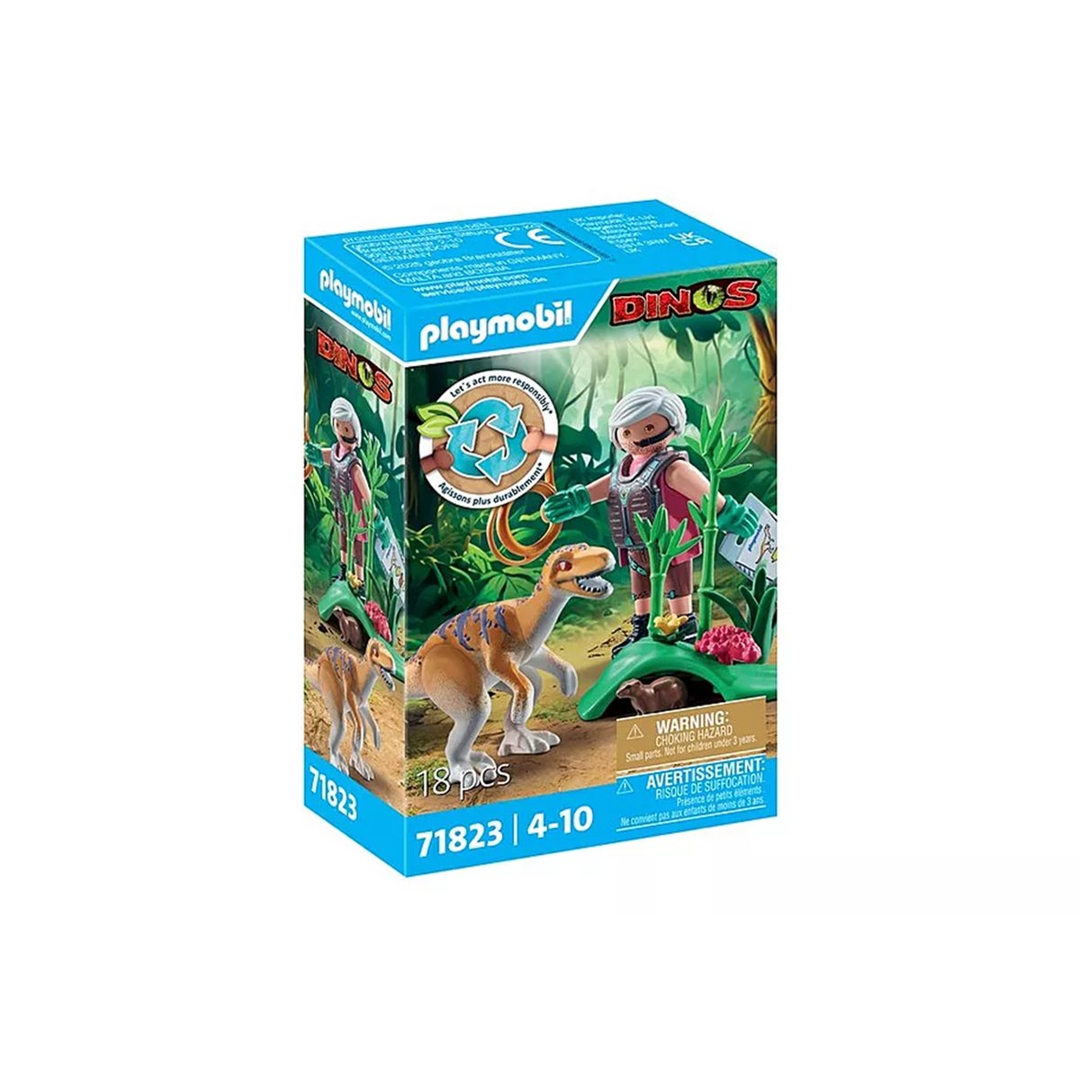 Vélociraptor, explorateur avec lasso et marmotte multicolore, PLAYMOBIL
