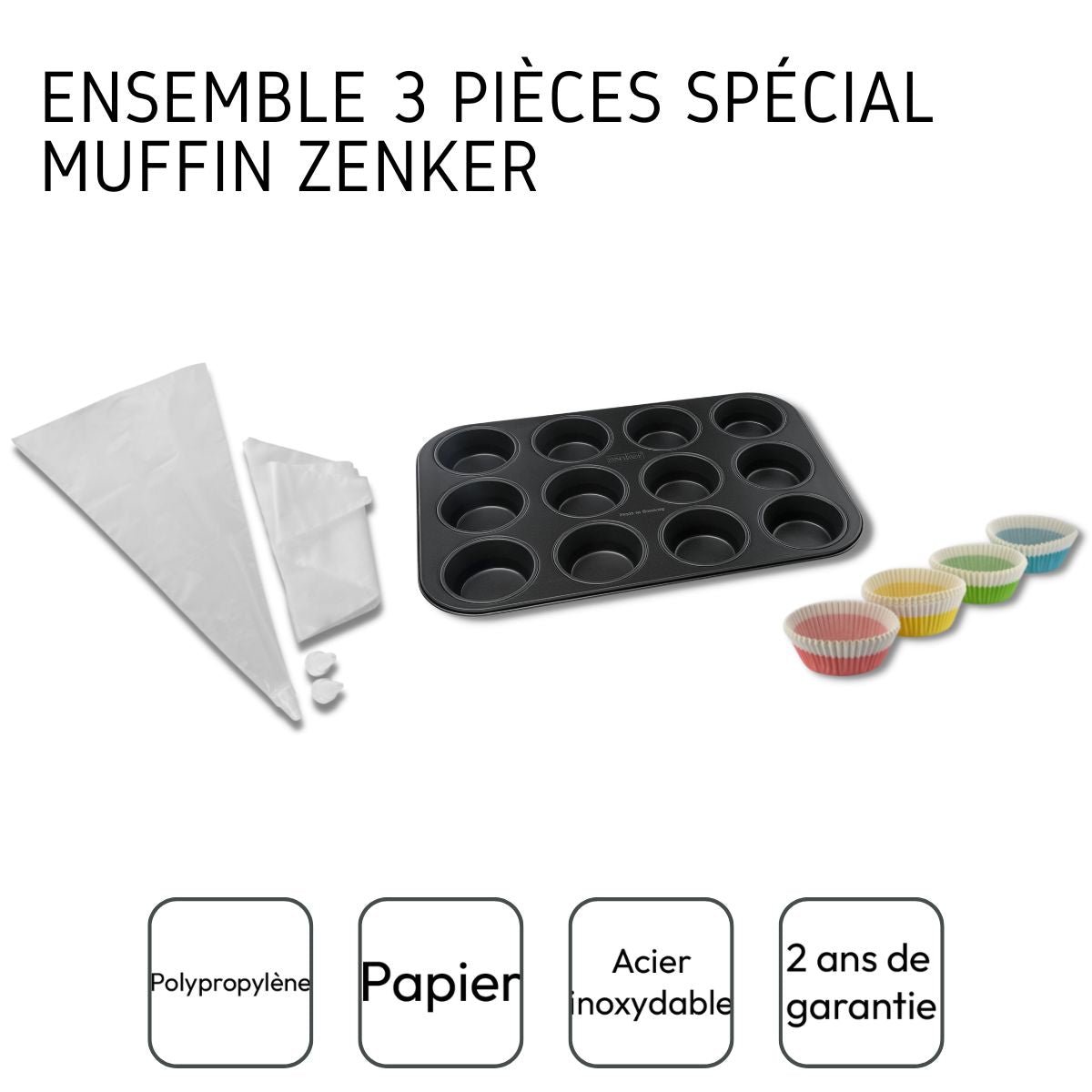 Ensemble 3 pièces spécial muffins noir,transparent,rose,jaune,vert,bleu,blanc, ZENKER