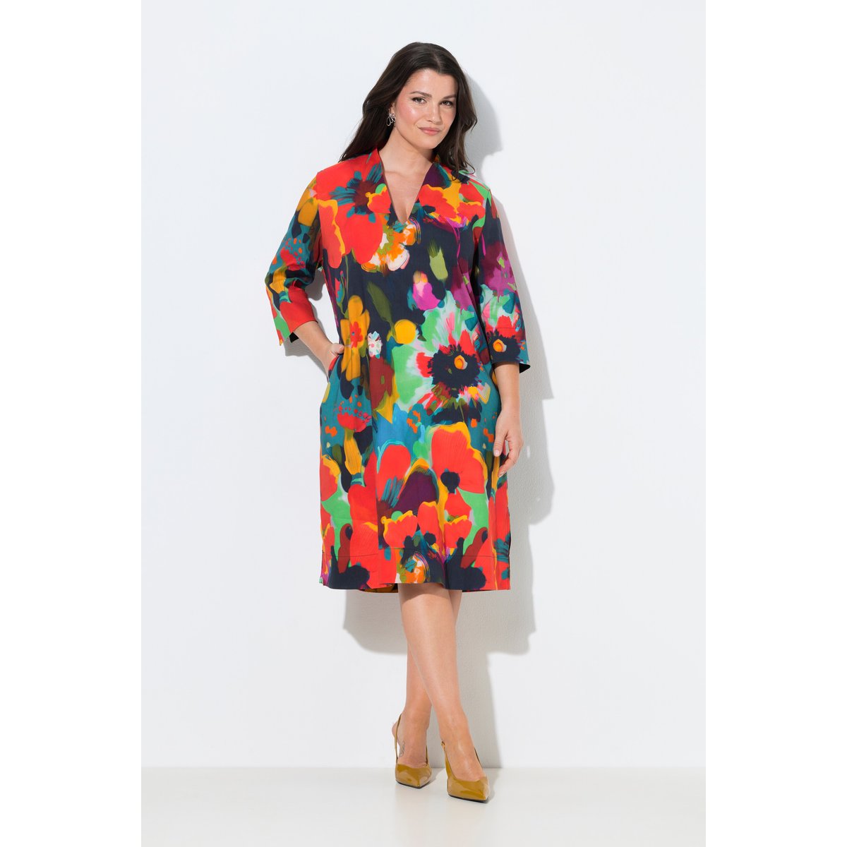Robe midi en lin mélangé marine foncé, ULLA POPKEN