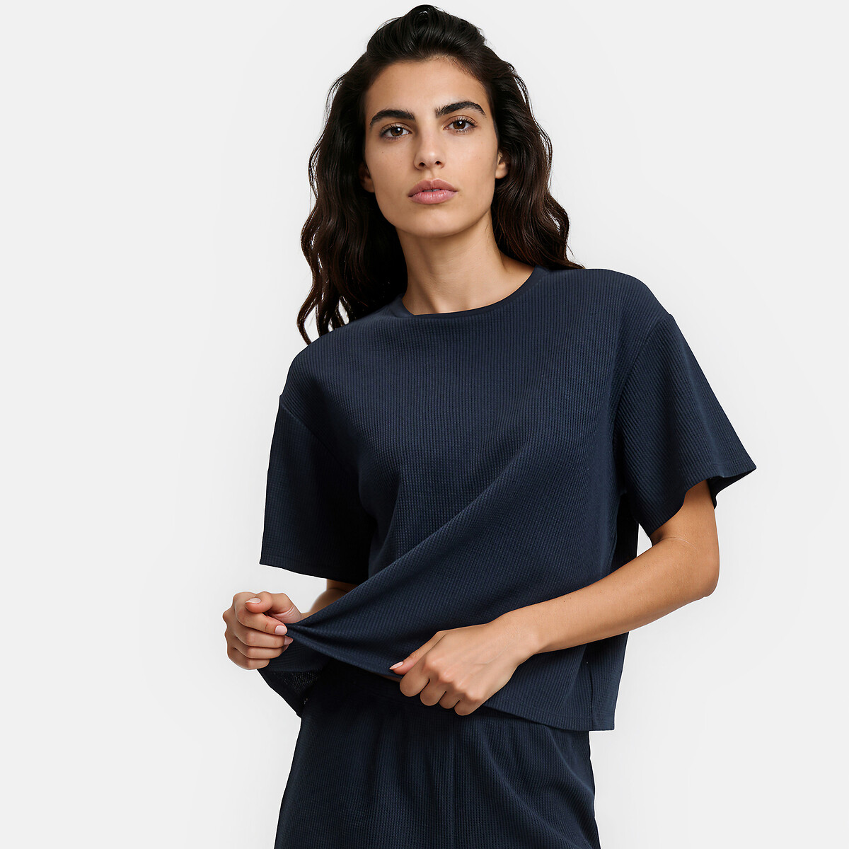 Pijama corto de punto de nido de abeja azul marino, LA REDOUTE COLLECTIONS