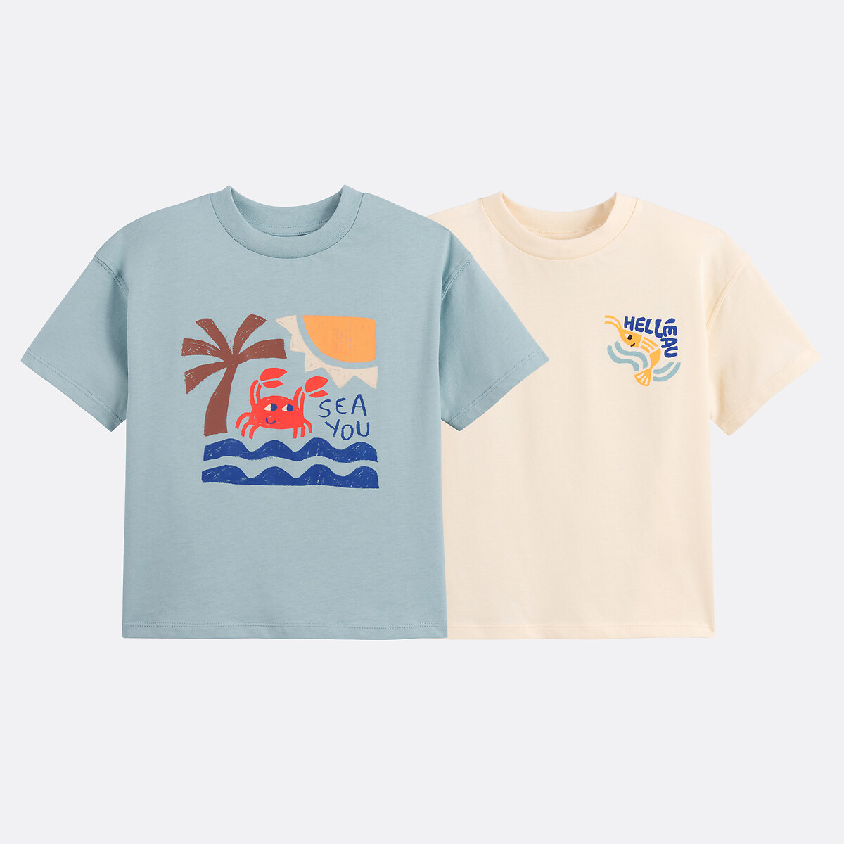2er-Set T-Shirts mit Rundhalsausschnitt, kurzen Ärmeln, bedruckt ecru + blau, LA REDOUTE COLLECTIONS