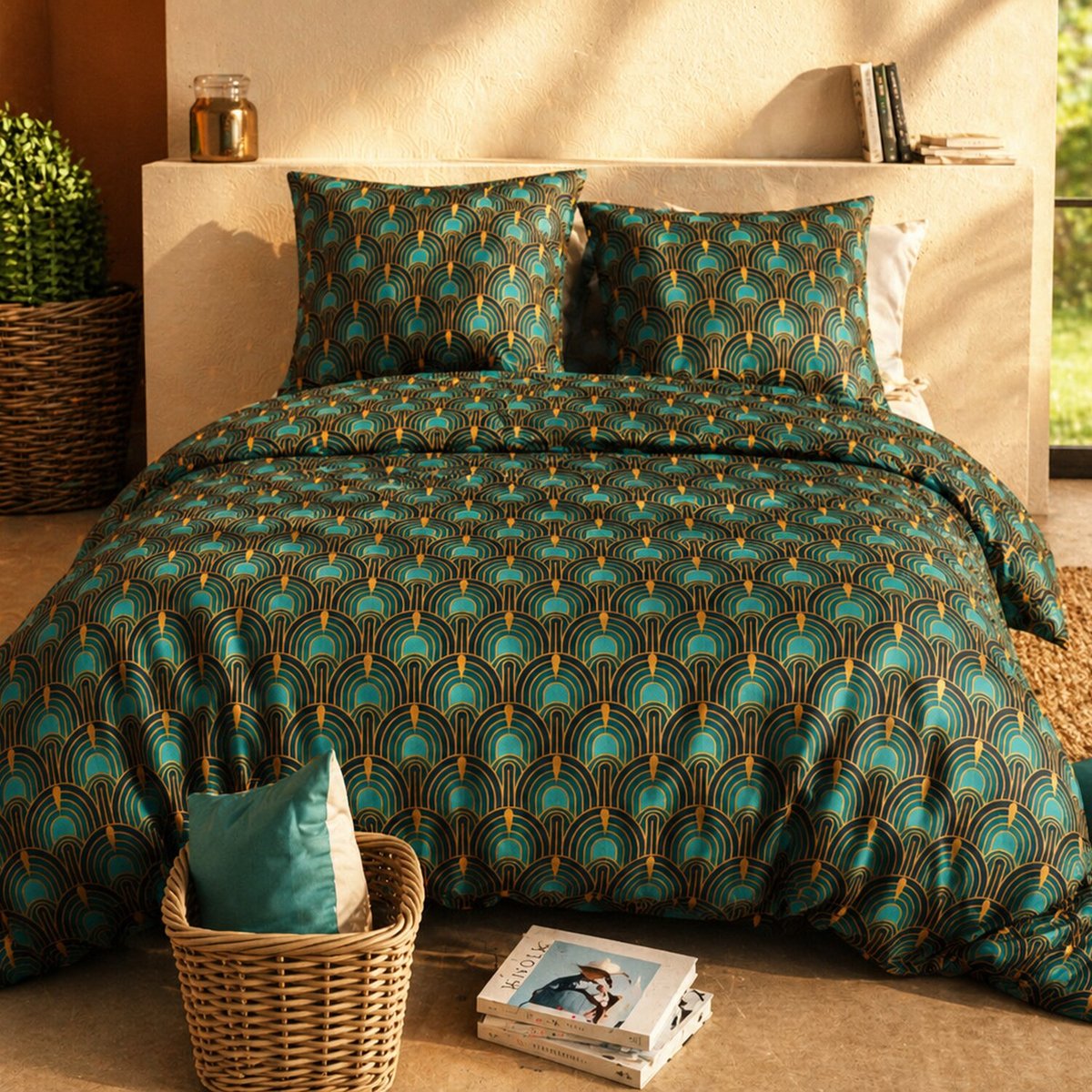 Paure coton imprimée couette et 2 taies, ROMANA noir, ATELIER DU COTON