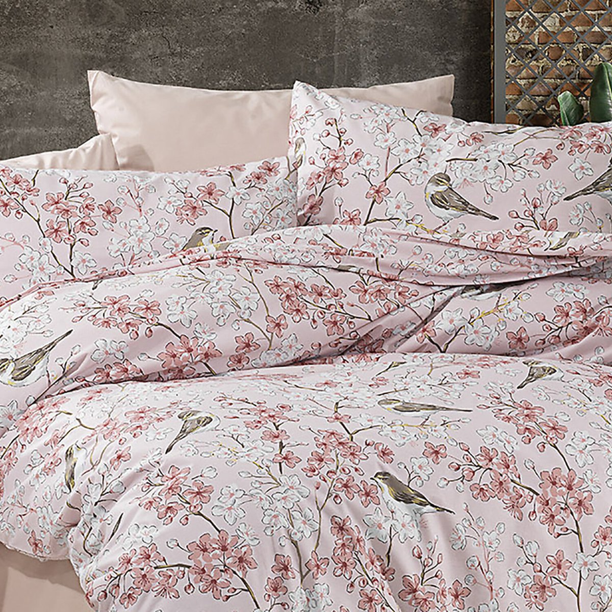 Paure de couette et tai(e) coton imprimé, petalia rose rose, C DESIGN HOME TEXTILE