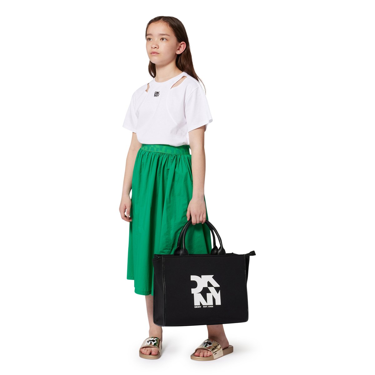 Jupe midi à taille élastiquée chartreuse, DKNY