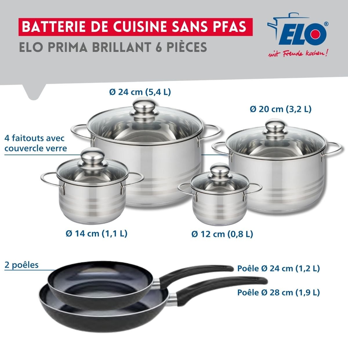 2 poêles 24/28cm + 4 faitouts 12/14/20/24cm PRIMA BRILLANT noir, ELO