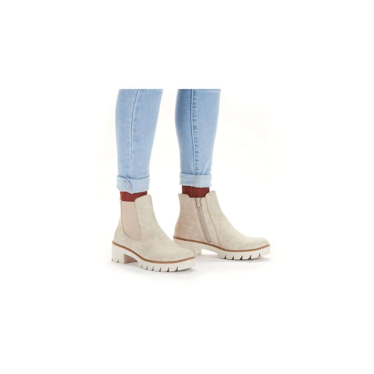 Bottines aspect nubuck taupe à semelle surélevée à talon décroché bas, fourrées, à soufflet élastiqué extérieur taupe, RIEKER
