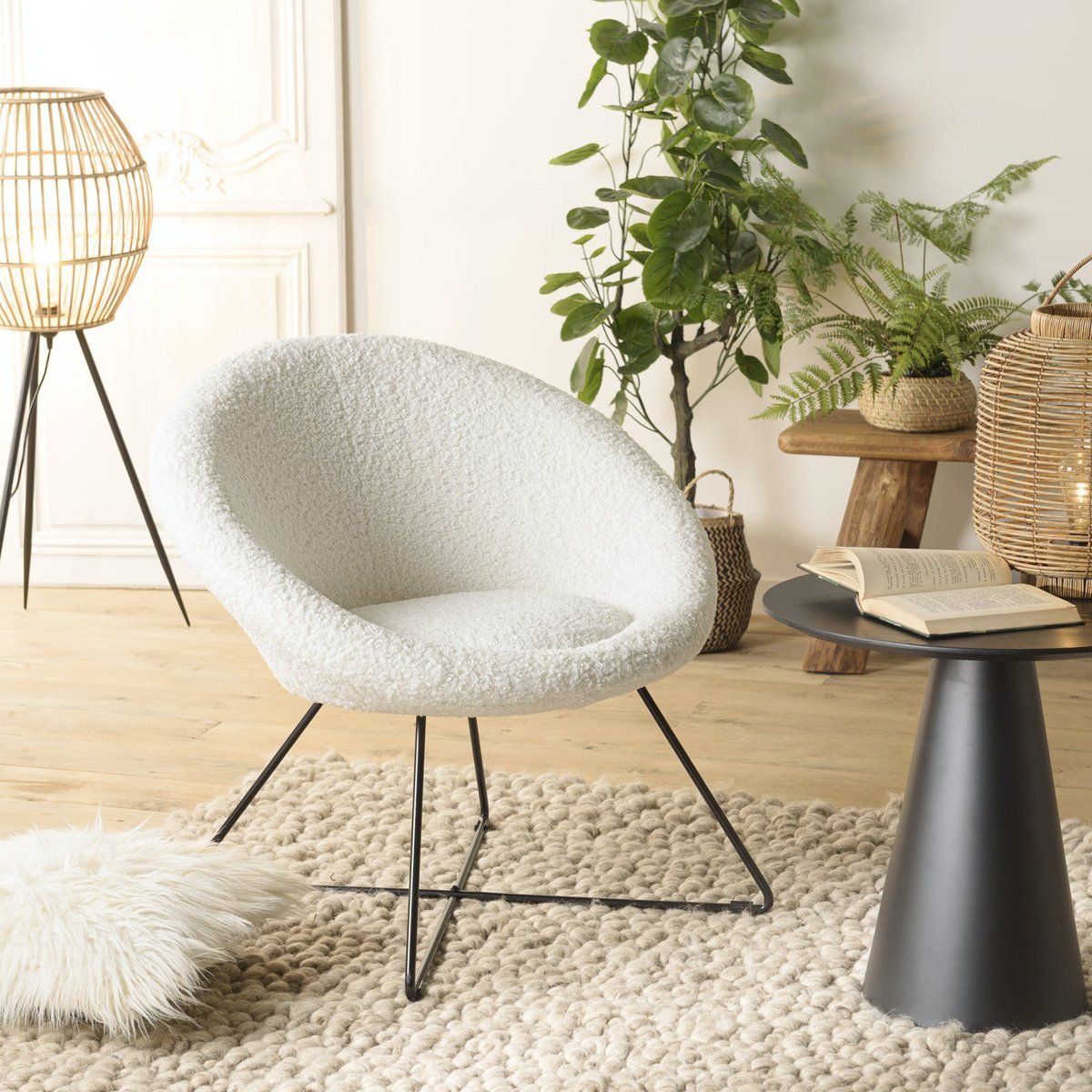 Fauteuil rond blanc tissu bouclette TIM blanc, PIER IMPORT