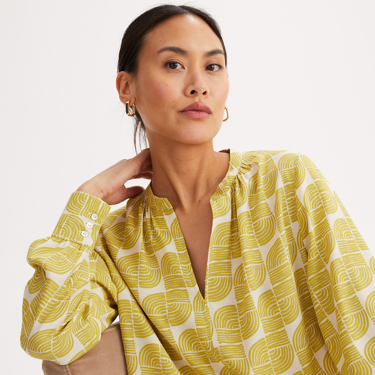 Blouse col tunisien, imprimé graphique, manches longues imprimé jaune, ANNE WEYBURN