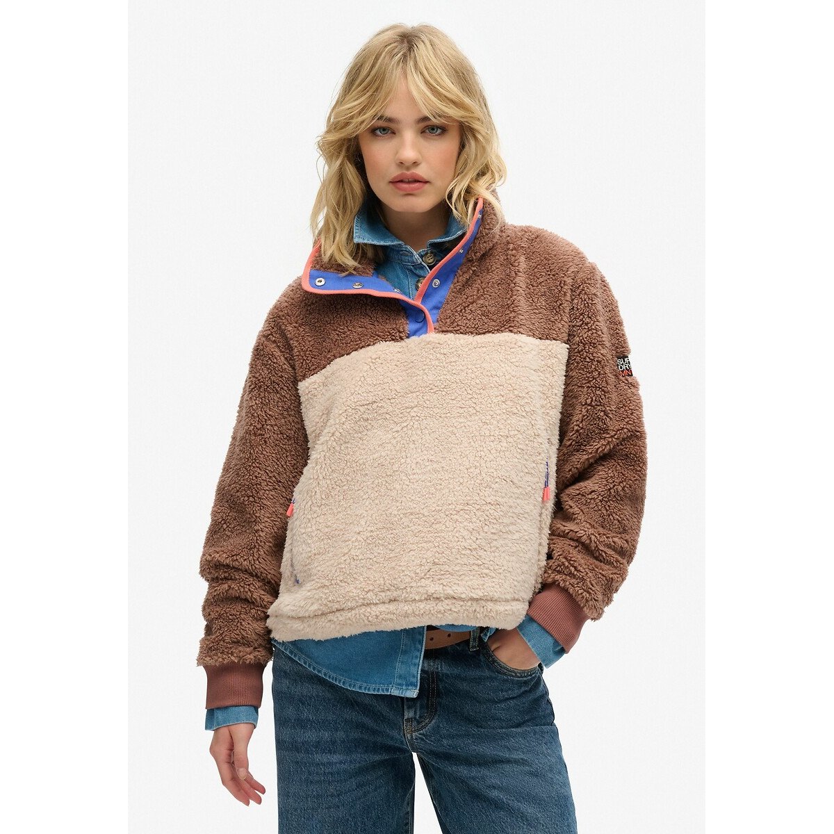 Grandad Collar Sweatshirt with Press Stud Fastening beige/brown, SUPERDRY