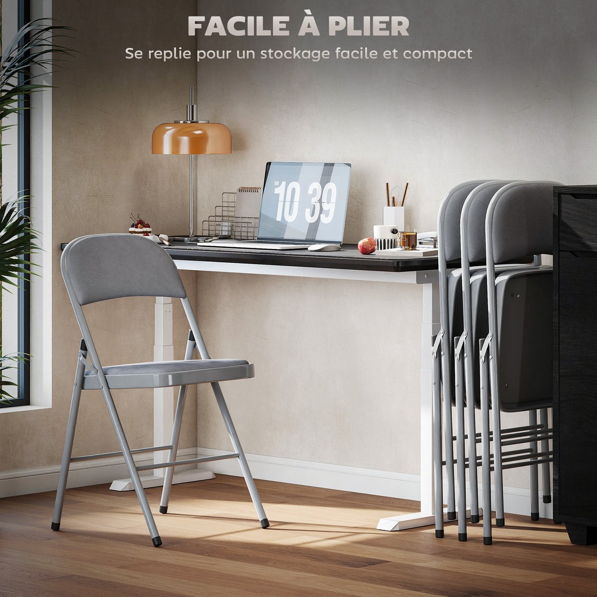 Chaise pliante Velours (100 % polyester) Gris gris clair, HOMCOM
