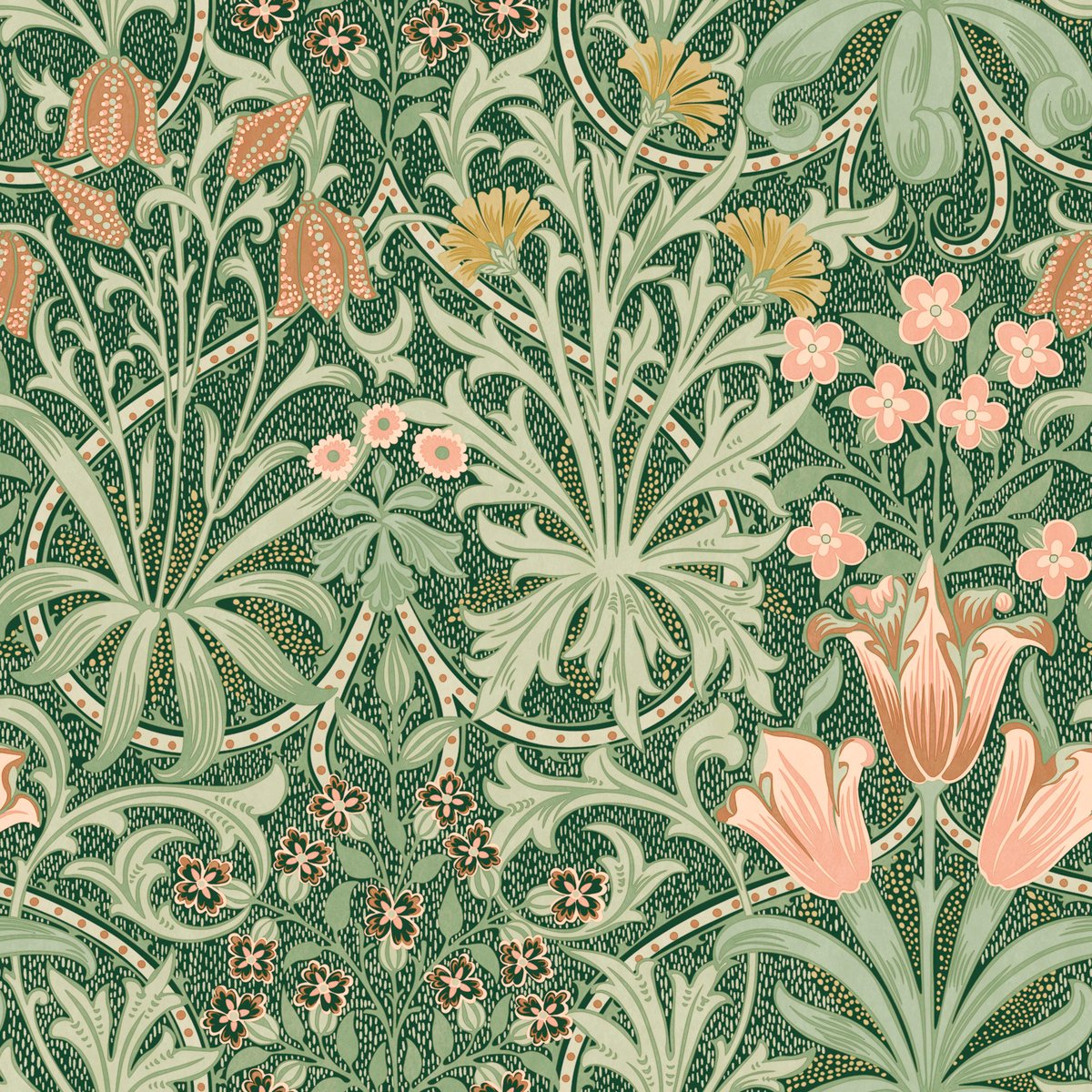 Papier peint fleuri Woodland Weeds Forest vert, corail, ocre, WILLIAM MORRIS AT HOME