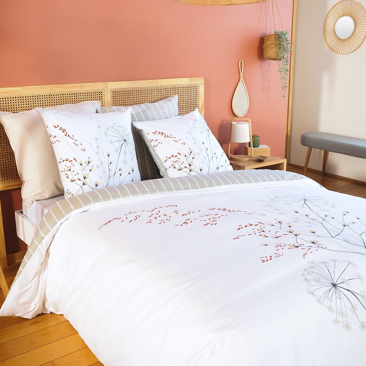 Parure housse de couette coton, SOLIflore blanc, C DESIGN HOME TEXTILE
