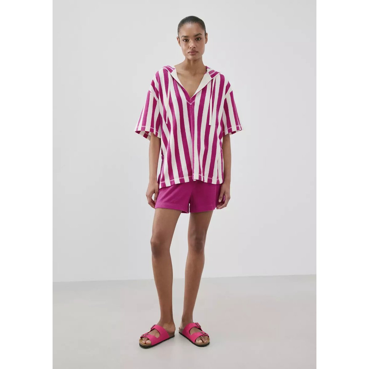 Sweat en coton bouclette à rayures fuchsia, MANGO