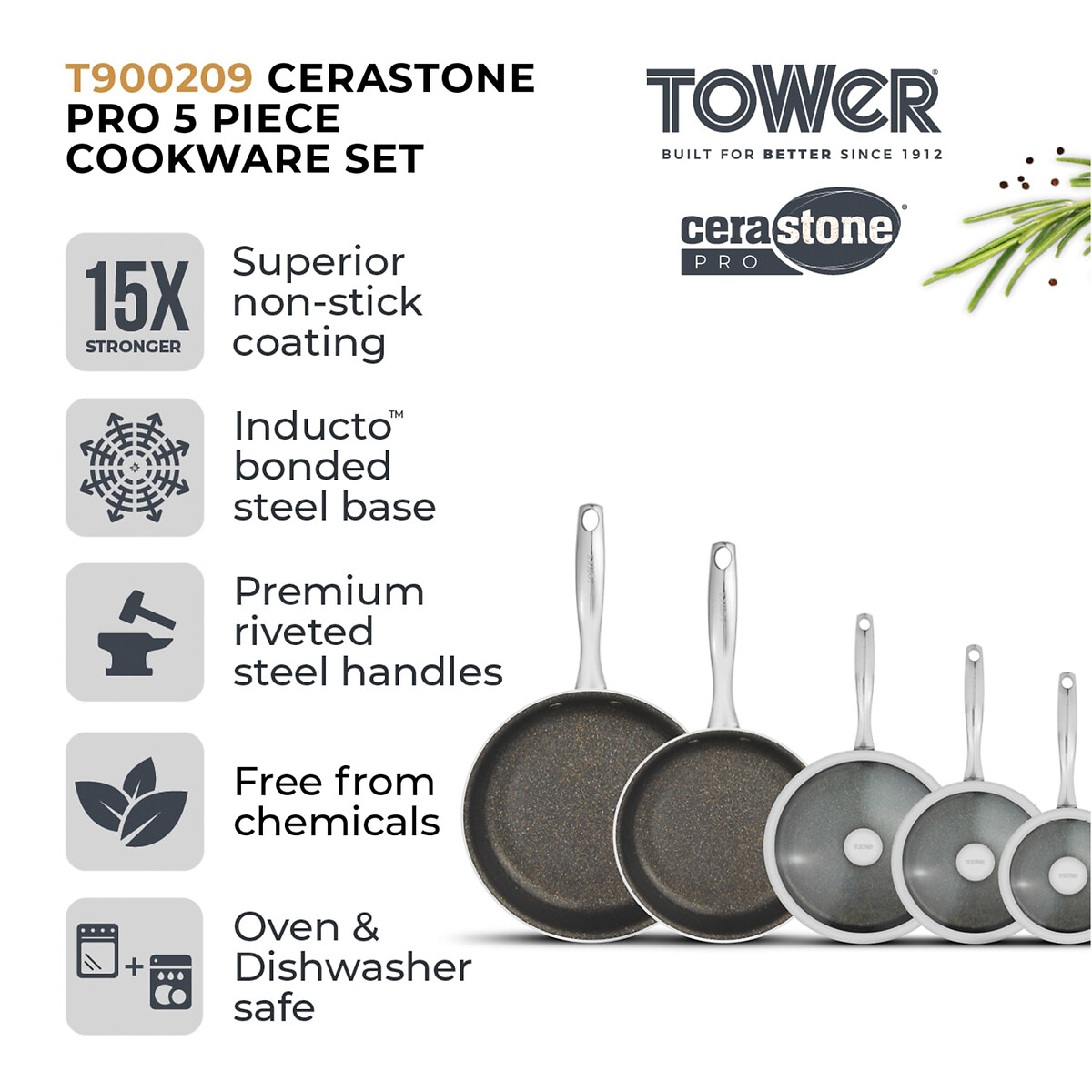 5-Piece Cerastone Pro Cookware Set graphite, TOWER