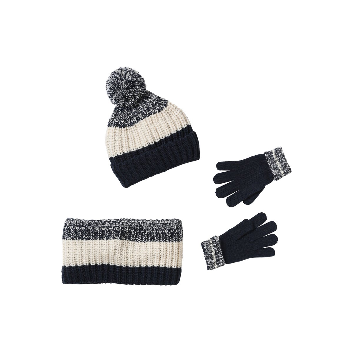 Ensemble colorblock bonnet + snood + gants bleu nuit, VERTBAUDET