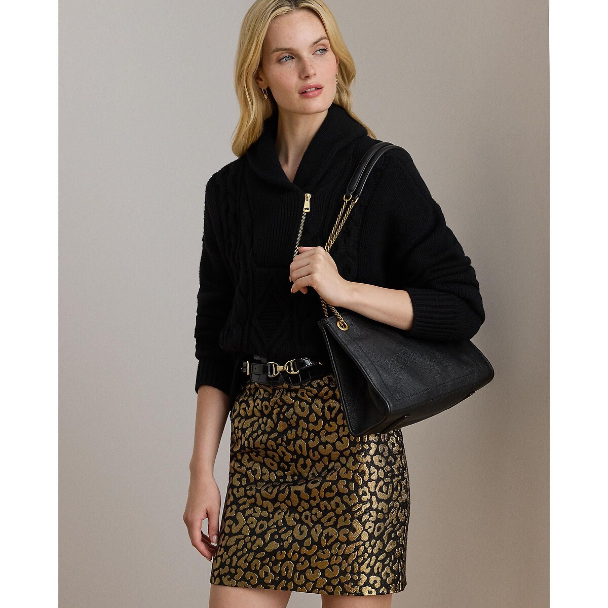 Sac cabas en cuir à bandoulière chaîne, BRADLEY noir, LAUREN RALPH LAUREN