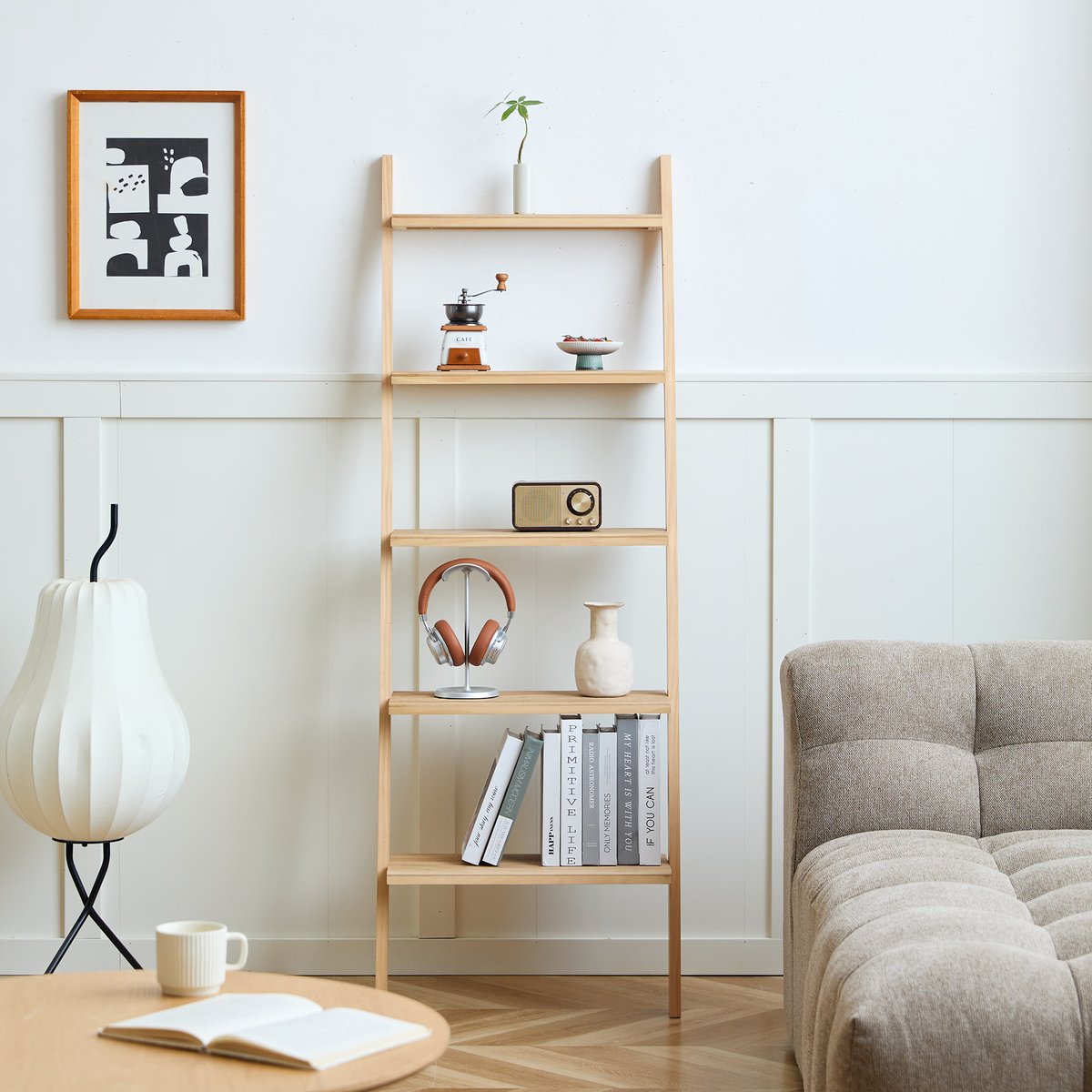 Etagère échelle 5 niveaux, bois et rotin, SMOGEN bois naturel, NORDLYS