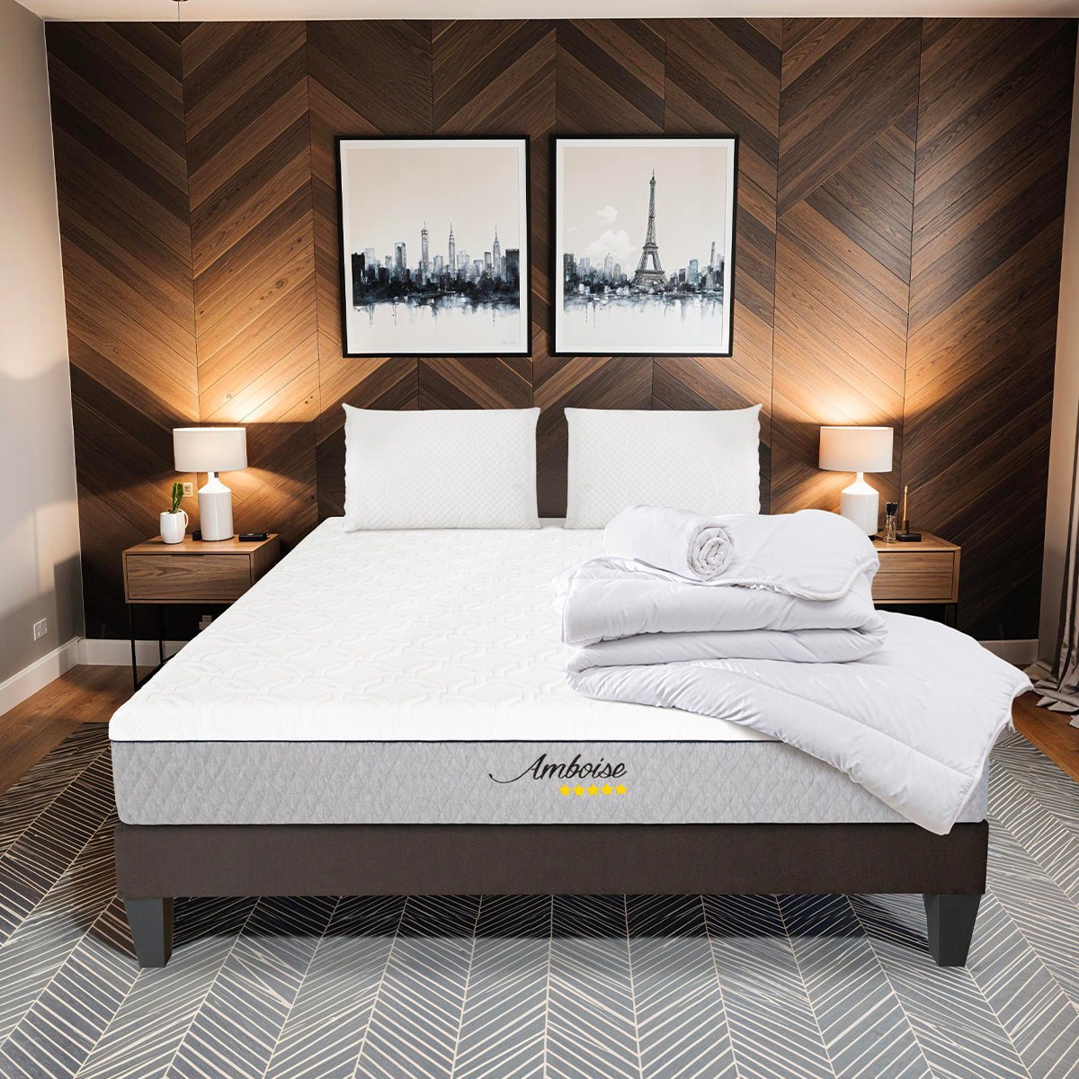 Pack Amboise 140x190 cm Matelas Mousse + Sommier Bois + Accessoires blanc, BELLECOUR
