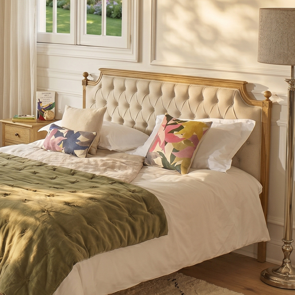 Lit deux places style romantique en chêne et lin premium JAMES marron, ROBIN DES BOIS