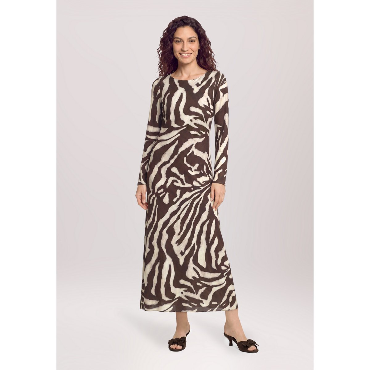 Robe longueur midi à manches longues blanc/marron, CARTOON
