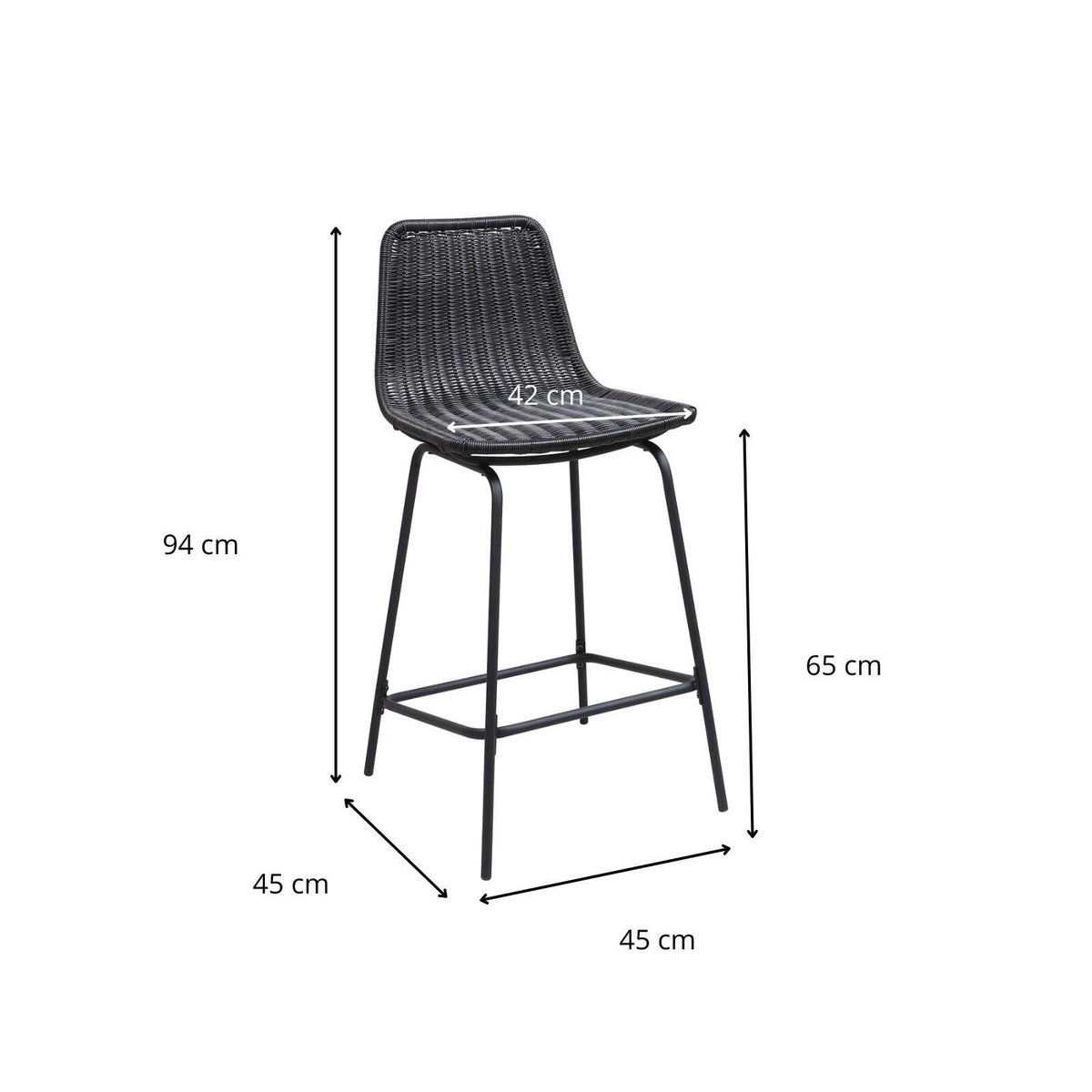 Lot de tabourets d'ilot et bar en métal et assise en rotin 65cm BALI|Lot de 4 | Lot de 4 noir, MOB IN