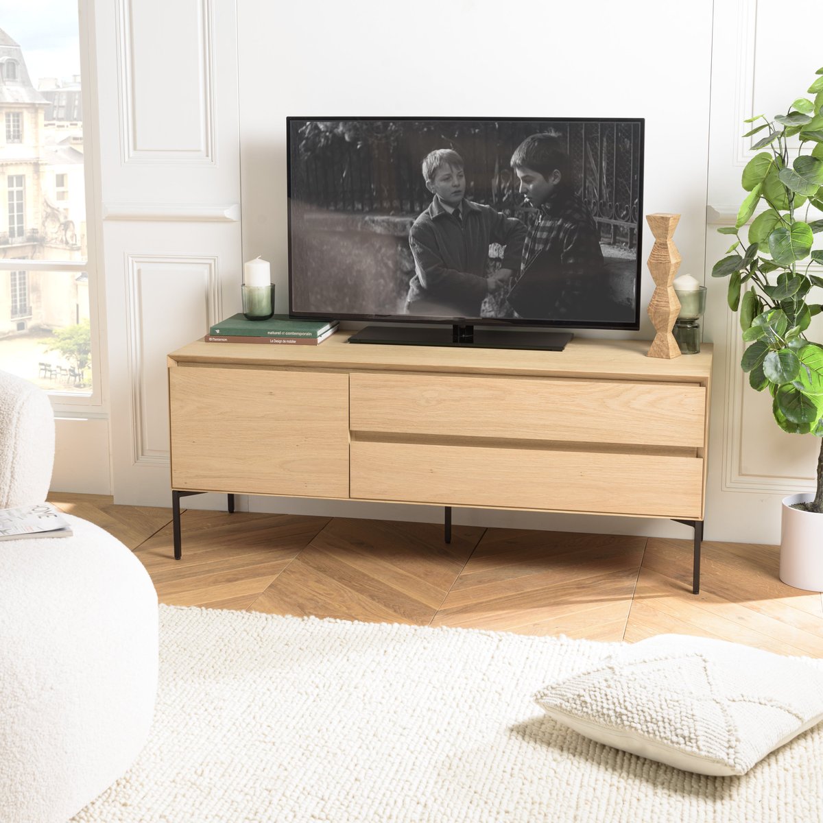 Meuble TV contemporain bois couleur naturelle 1 porte 2 tiroirs MAYENCE bois, PIER IMPORT