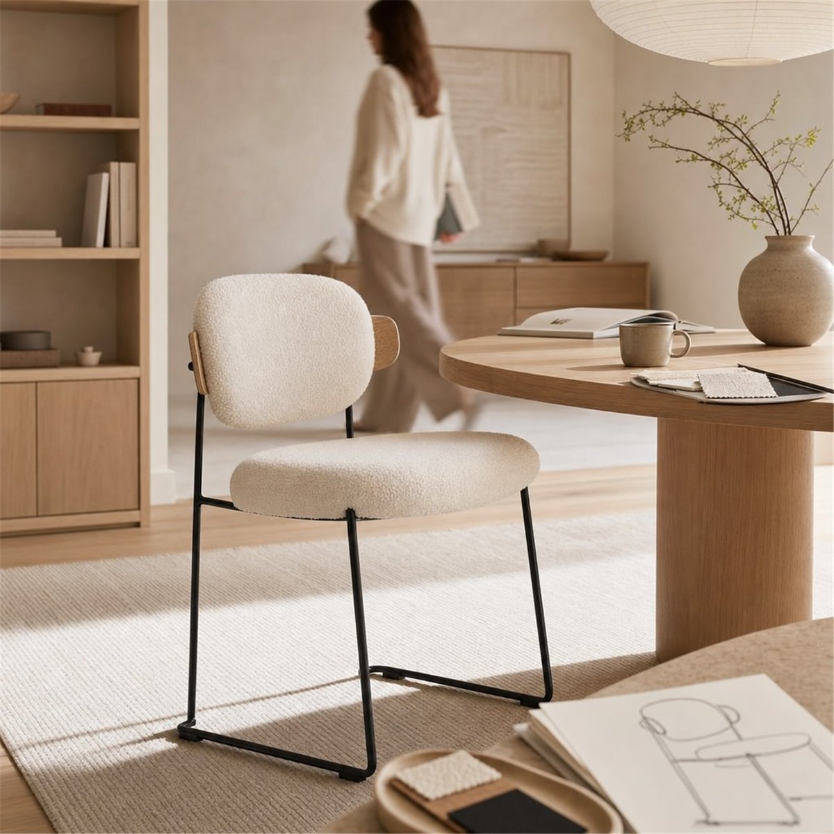 Chaise en tissu bouclette et chêne naturel noir blanc, RECOLLECTION