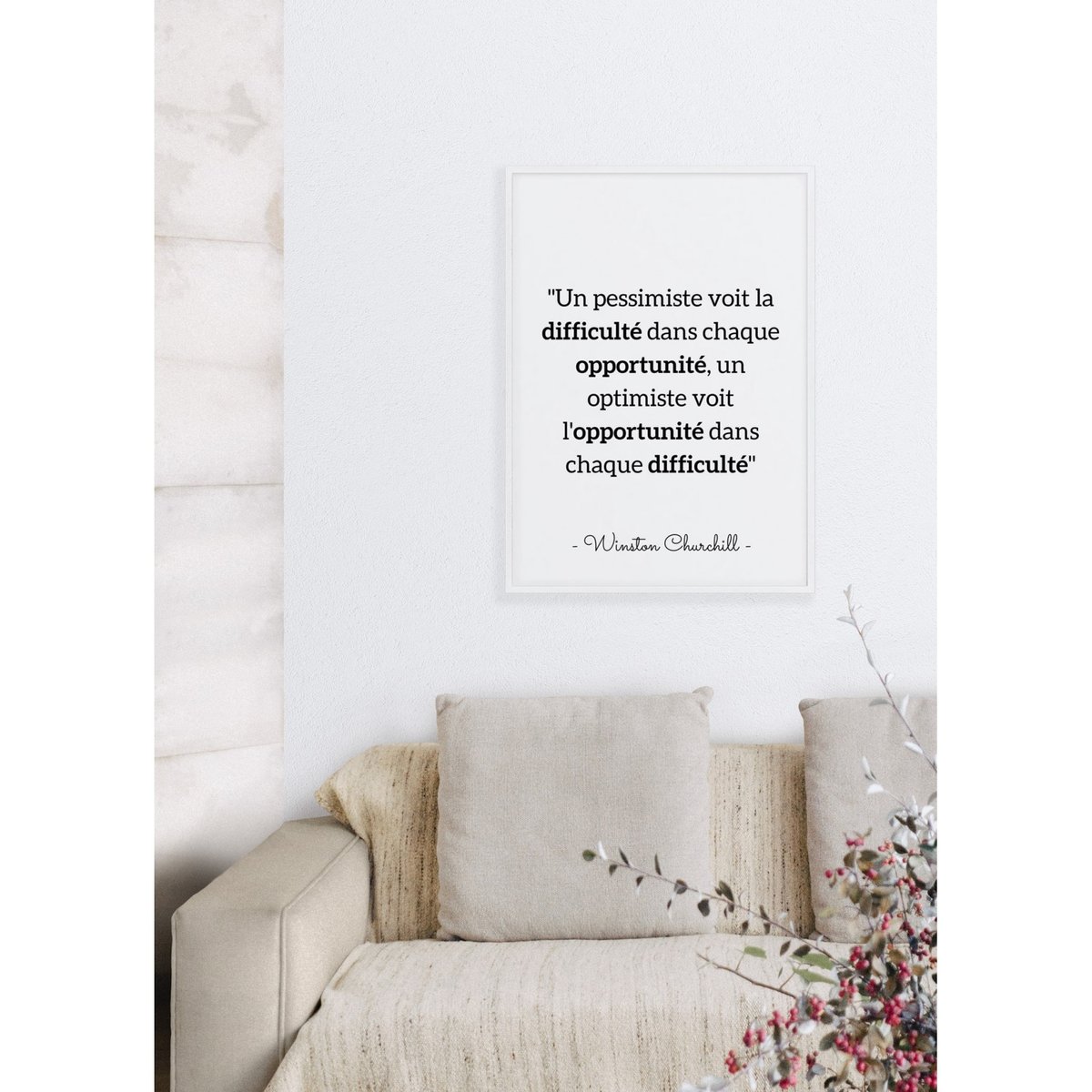 Affiche citation Winston Churchill 'Un pessimiste voit la difficulté...' blanc, L'AFFICHERIE