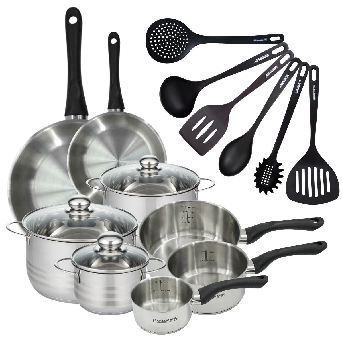 2 poêles 20/28, 3 faitouts 16/20/24, 3 casseroles 12/16/20 inox|noir, FACKELMANN