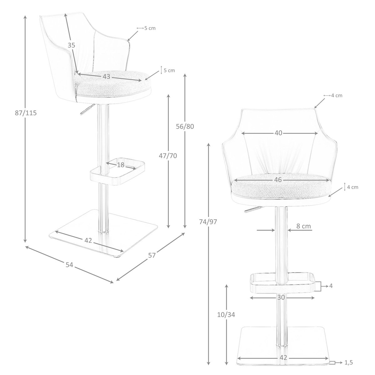 Tabouret pivotant en tissu marbré et similicuir gris | acier noirci, ANGEL CERDA