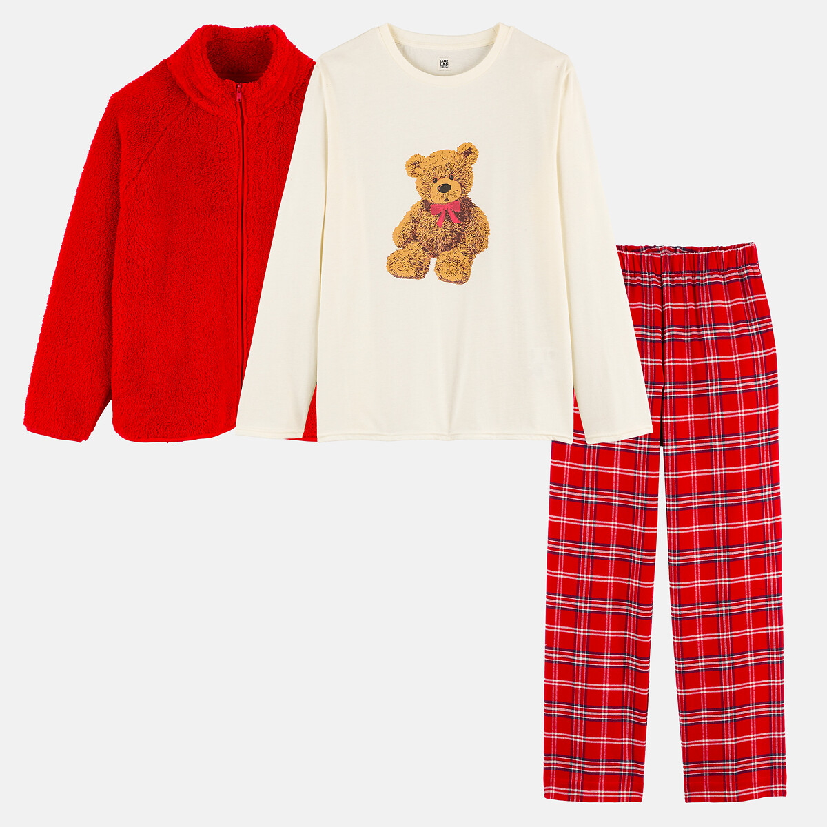 Pyjama 3 pièces avec veste, t-shirt manches longues et pantalon à carreaux imprimé, SO'HOME