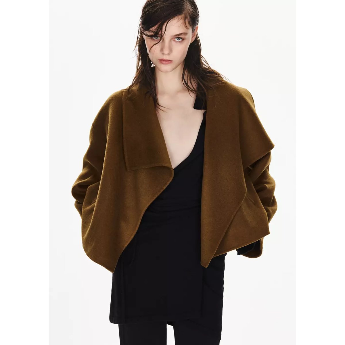Veste en mélange de laine à revers marron moyen, MANGO