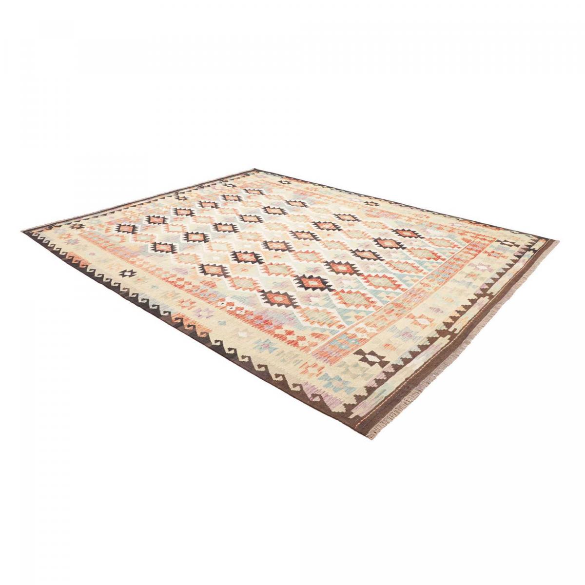 Tapis kilim géométrique, tissé à plat, laine naturelle, KILIM 61 multicolore, crème, orange, UN AMOUR DE TAPIS
