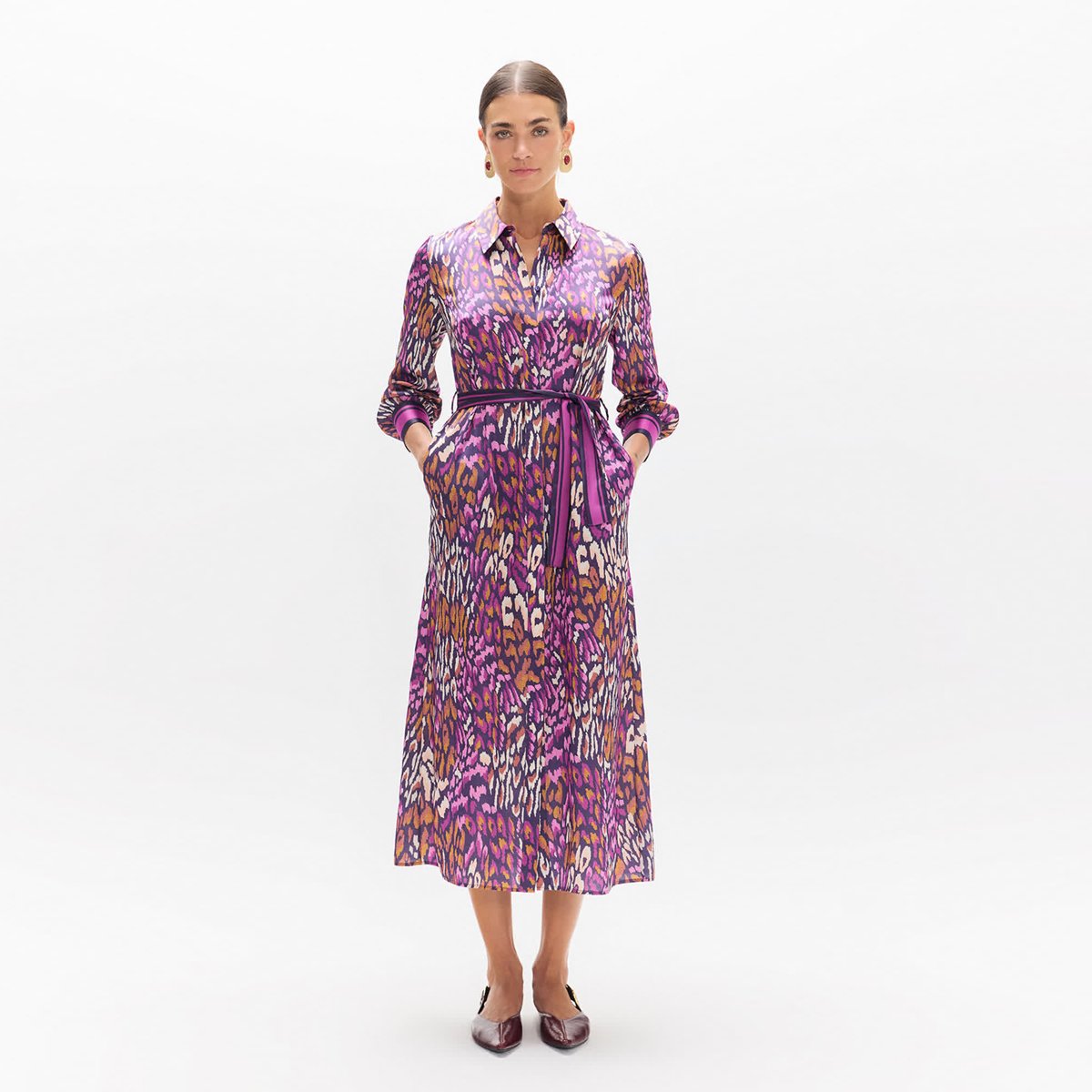 Robe chemise longue à imprimé animal à ceinture parme, LOLA CASADEMUNT